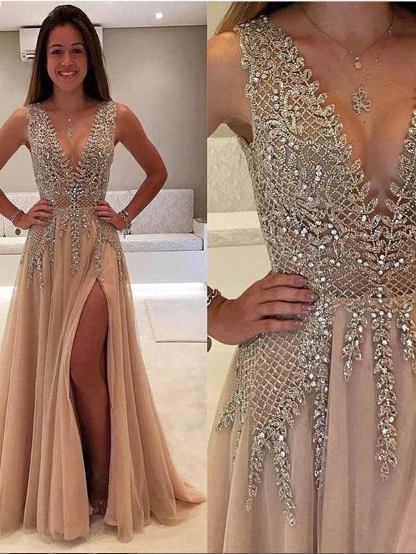 V Neck Rhinestone Champagne Prom Dress ...